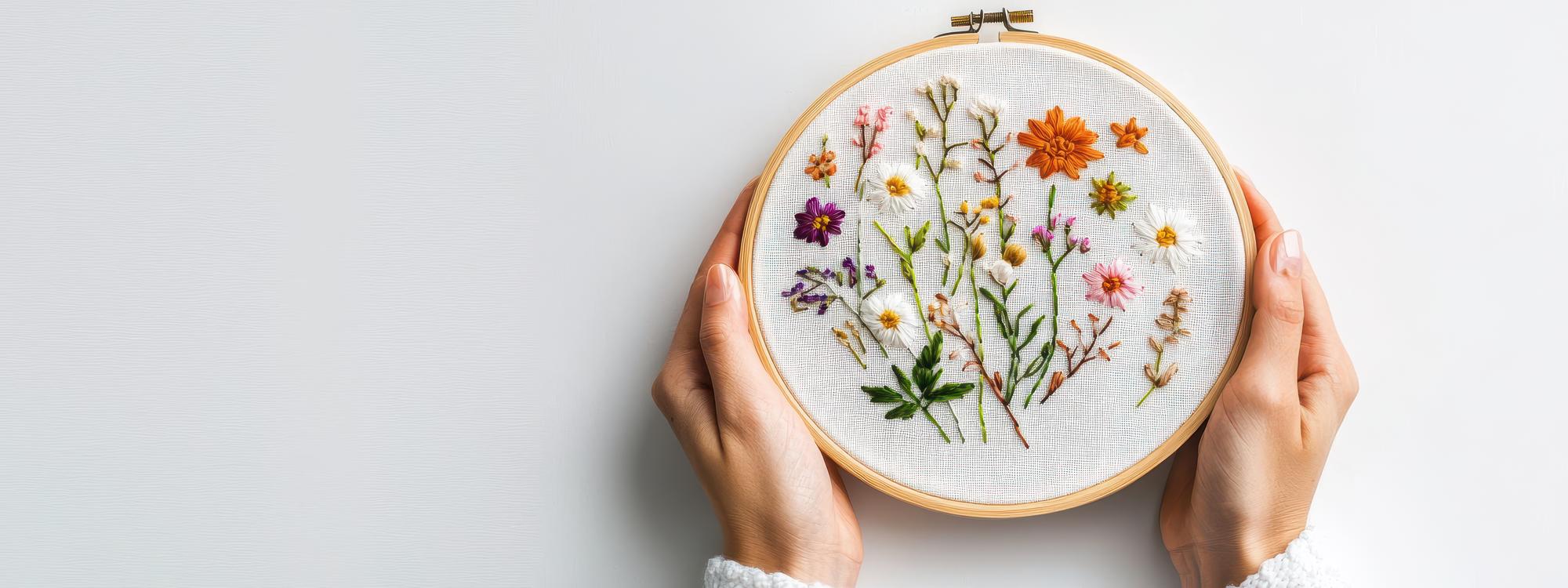 Donna che ricama un fiore con telaio in legno